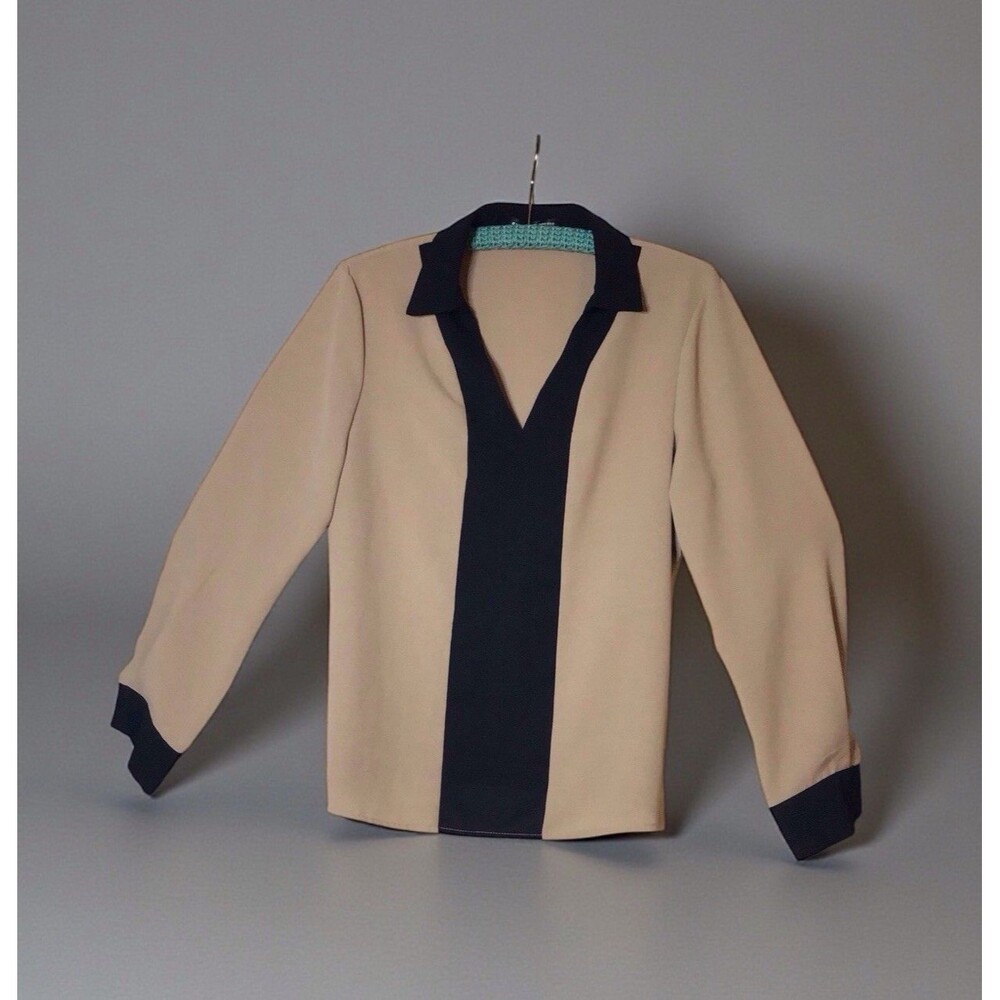 Y2K Sein Long Sleeve Blouse,Size Large,V Neck, Brown W/ Black Trim,Office
